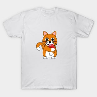 Cute Orange White Cat Eating Red Apple Cartoon T-Shirt